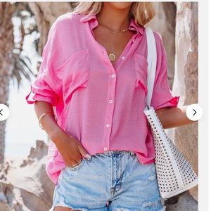 Vici Flawless Asana Woven Button Down Top Pink